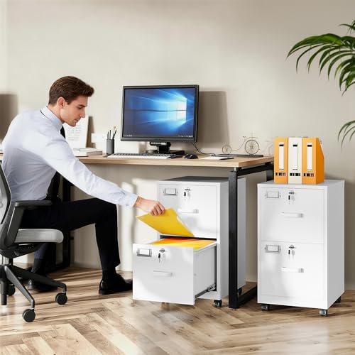 2 Drawer File Cabinet with Lock and Wheels,White Rolling File Cabinets,Locking Mobile Metal Filing Cabinet for Home Office,Under Desk,Fit A4/Letter/Legal File, Easy Assembly - color: White, style: 2 Drawer with Wheels