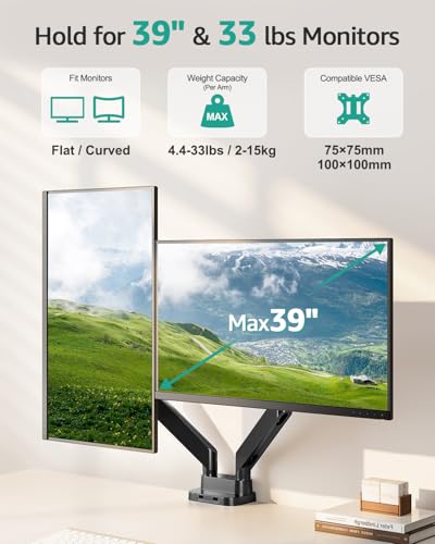 MOUNT PRO Dual Monitor Desk Mount for 39" Ultrawide Screen up to 33lbs, Heavy Duty Monitor Arm Double Gas Spring Arms for 2 Monitors, Adjustable Computer Monitor Stand with USB, VESA 75x75 100x100