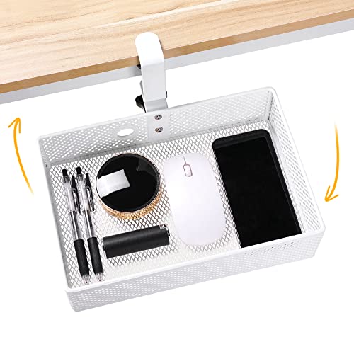 Under Desk Drawer, Clamp on Desk Organizer Hanging Desk Storage Under Table | Under desk organizer: clamp on desk drawer, 360° rotating desk basket, hanging desk organizer, clamp on desk shelf, no-drill - color: White