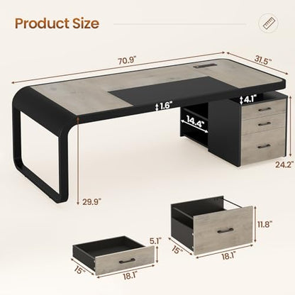 Itaar 70.9" Executive Desk, Large Computer Desk with Drawers and Lateral File Cabinet, Office Desk with Removable Shelves, Business Furniture Desk Workstation for Home Office, Gray