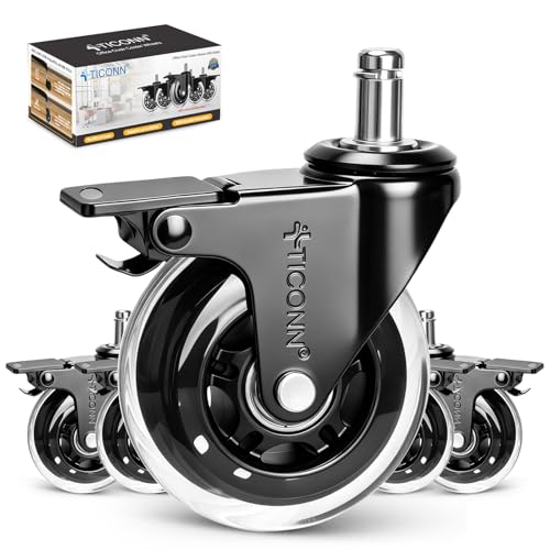 TICONN Office Chair Caster Wheels Set of 5 for Tile, Hardwood Floors and Carpets, Universal Fit for Most Chairs (Transparent with Brake) - style: Transparent with Brake