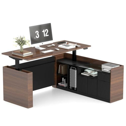 70.9”L-Shape Executive Standing Desk, Snap-Lock &Built-In Power Outlet | Brushless Motor, Smart Controller, Cable Management, Privacy Panel, Movable Cabinet, Home & Corporate Office