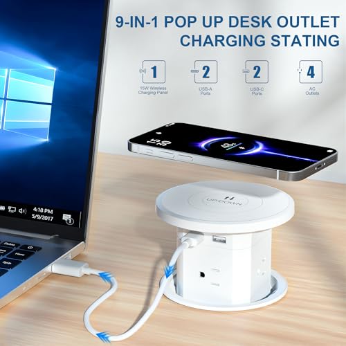 ANCIENTPWR Pop Up Outlet with Wireless Charging, 9-in-1 Built-in Countertop Power Hub, Gas-Lift Design, 4-1/8" Cutout, 2500W for Kitchen, Office & Conference Table | 9-in-1: 4 AC + 4 USB + wireless charging. 2500W, 100-240V. 4-1/8" cutout. Hidden hub for