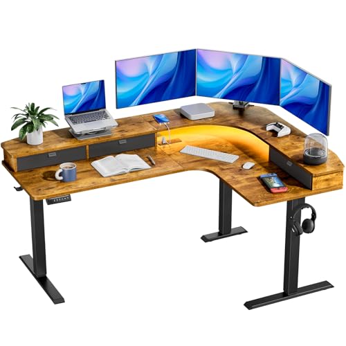 HUANUO 65″ L Shaped Standing Desk with 3 Drawers, Vintage Brown | Built-in Power Outlets, LED Strip, Smooth Electric Height Adjustment, 4 Memory Presets, 220 lbs Capacity, Power Strip Holder - color: Vintage Brown