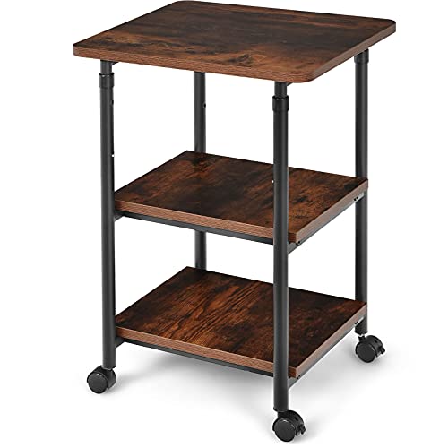 Tangkula 3-Tier Adjustable Printer Stand, Rolling Printer Cart with 2 Storage Shelves, Mobile Machine Stand Storage Rack for Home Office - color: Rustic Brown, size: 3-Tier