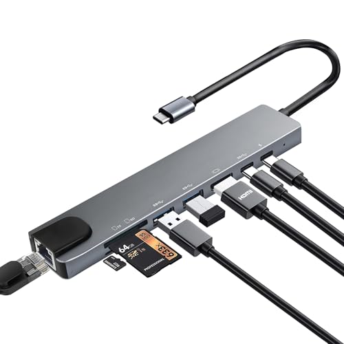 USB C Hub Multiport Adapter, 8 in 1 USBC Dongle with 4K HDMI, RJ45 Ethernet, 100W PD Charging, USB 3.0, SD/TF Card Reader, USB-C Docking Station for MacBook Pro/Air, Dell, HP and Other Type C Devices - color: Grey 05-USB C Hub