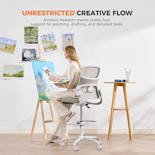Armless Drafting Chair, Tall Office Chair for Standing Desks | A foot ring steadies legs through crafting and studio projects; breathable lumbar mesh and silent casters fit compact spaces. - color: Apricot-drafting