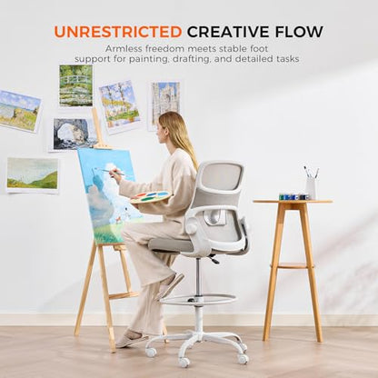 Armless Drafting Chair, Tall Office Chair for Standing Desks | A foot ring steadies legs through crafting and studio projects; breathable lumbar mesh and silent casters fit compact spaces. - color: Apricot-drafting