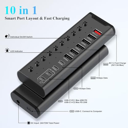 Powered USB Hub, Individual Switches and 24V/3A Power Adapter(Black) - color: Black