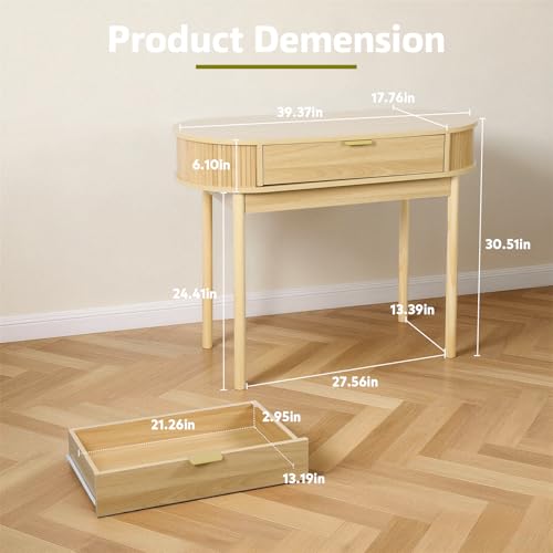 Fluted Small Computer Desk with Drawer, 40 Inch Mid-Century Modern Writing Desk with Solid Wood Legs,Compact Study Table for Small Spaces, Home Office, Bedroom,Natural - color: Natural
