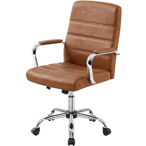 Yaheetech Retro Brown Office Chair PU Leather Rocking Desk Seat with Arms | Foam-padded channel-stitched PU leather back supports desk hours; chrome frame rocks, adjusts in height, rolls on casters. - color: Retro Brown