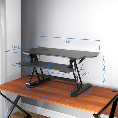 Mount-It! Standing Desk Converter 48" Wide Sit Stand Extra Large Desk Riser | Tabletop for 2 Monitors, Keyboard Tray & Device Slot, Height Adjustable from 6"–19.25" with Dual Gas Spring Handles, Black