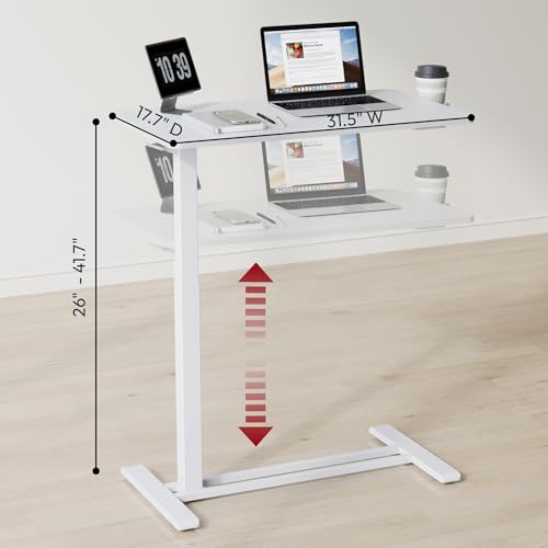 SANODESK 32'' Mobile Standing Desk with Hidden Wheels,Pneumatic Laptop Desk | Sofa Computer Cart Movable Height Adjustable Table Small Sit Stand Desk for Home Office Hospital Use,31.5" W x 17.7",White - color: White, size: 32x18