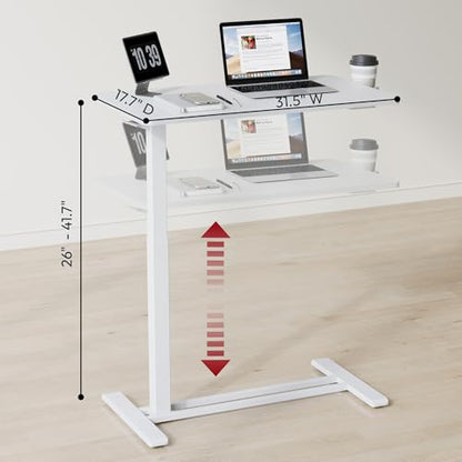 SANODESK 32'' Mobile Standing Desk with Hidden Wheels,Pneumatic Laptop Desk | Sofa Computer Cart Movable Height Adjustable Table Small Sit Stand Desk for Home Office Hospital Use,31.5" W x 17.7",White - color: White, size: 32x18