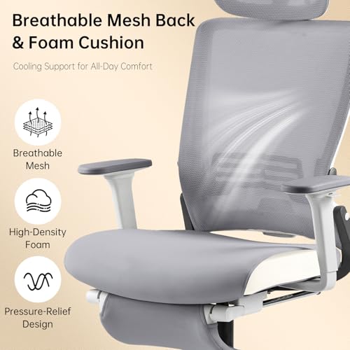 Ergonomic Foldable Office Chair with Footrest and Lumbar Support, Grey | Compact desk chair with space-saving folding design, 2D headrest, 2D armrests, computer cahirs for home office - color: Grey