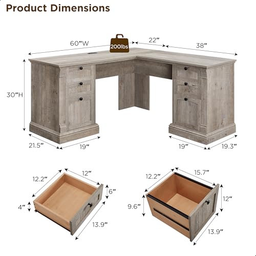 OKD 60" L Shaped Executive Desk, Farmhouse Desk with Drawers, Gray Oak - color: Light Rustic Oak
