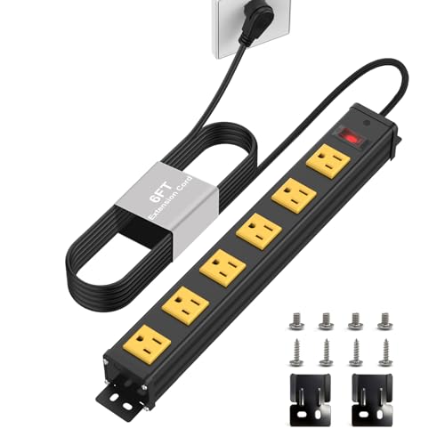 6 Outlet Wall Mount Metal Power Strip, 1.97 Inch Wide Spacing Flat Plug, 6FT 14AWG Extension Cord with Switch, 15A 1875W ETL Listed for Garage, Workshop, Home - size: 6 Outlets