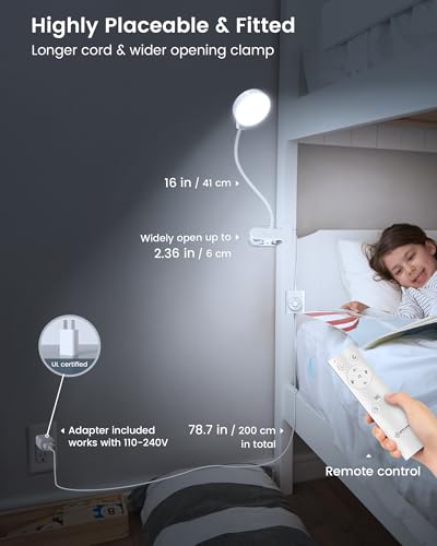 Glocusent 5W Desk Lamp with Remote, 3 Colors & 5 Brightness Reading Lights | Flexible Gooseneck Clip on Lamp, 30-Min Timer Reading Lamp, Perfect Clip on Light for Bunk,Bed,Headboard,Table,Work,Craft - color: White with Remote