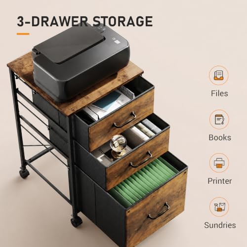 DEVAISE 3-Drawer Mobile File Cabinet, Rolling Printer Stand, Rustic Brown - color: Rustic Brown Wood Grain Print, size: 15.8''D×15.4''W×26.8''H