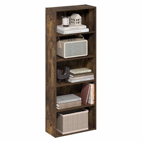 Furinno Basic Book Shelf, 5-Tier Bookshelf, Storage Organizer Bookcase with Open Shelf, 7 x 17 x 44, for Living Room, Bedroom, Home Office, Amber Pine - color: Amber Pine, size: 5-Tier, 7 x 17 x 44