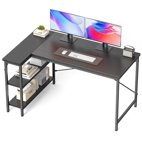 DUMOS 39 Inch L Shaped Desk, Computer Gaming Corner Desks with Shelves | Home Office PC Table, Writing Working Study Desk for Bedroom Dorm, Reversible Design, Black - color: Black, size: 39" × 31.5"