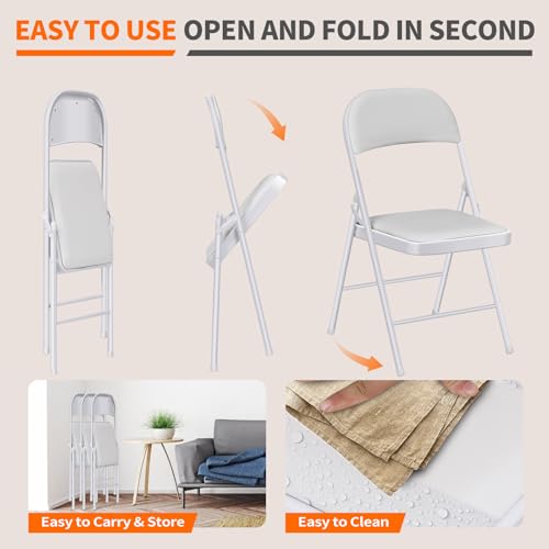 Fenbeli 6 Pack Padded Folding Chairs with Cushion, White PU Leather Foldable Chairs for Holidays, Parties & Big Gatherings, 330-Pound Heavy-Duty Steel Frame, Auto-Lock Hinge, Wipe-Clean, Folds Flat - color: White, size: Set of 6