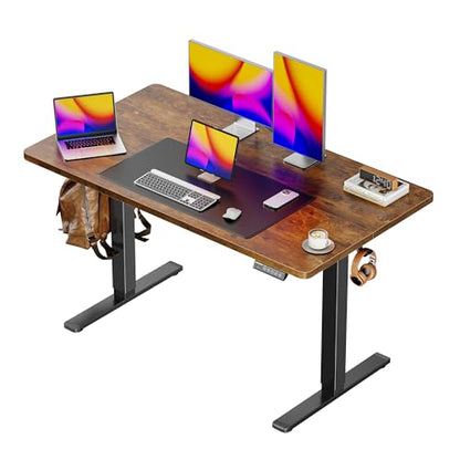 Huuger 48 x 28 Large Electric Standing Desk, Height Adjustable Desk, 27.6" Deep Desktop, Stand up Gaming, 2 Hooks, 3 Preset Heights, for Home Office, Rustic Brown - color: Rustic Brown, size: 48*28 inch (no outlets)