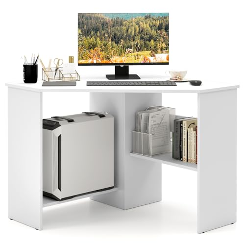 Small Corner Desk, 90 Degree Triangle Computer Workstation with Storage Shelves & CPU Stand, White Corner Vanity for Bedroom, Wooden Table for Small Spaces - color: White