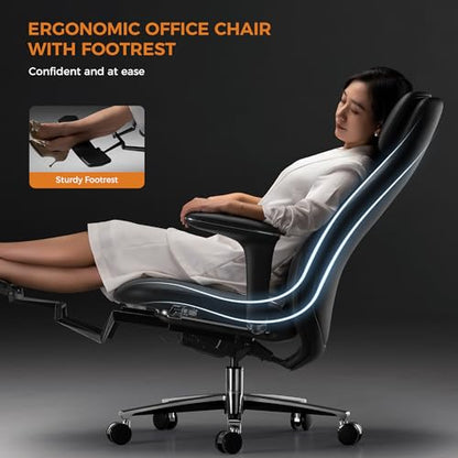 TOMU Executive Office Chair with Foot Rest, Top Grain Genuine Leather Office Chair, Ergonomic High Back Design. Real Leather, Wheels, Alumium Base. Padded Armrest, Luxury and Comfy (Black) - color: Black