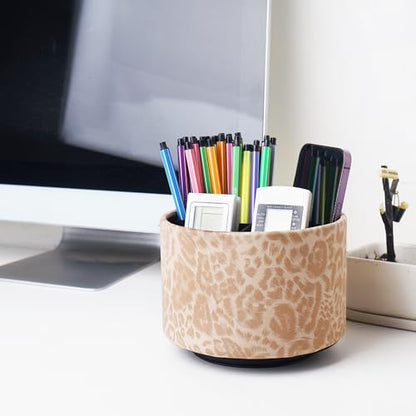 Round Leather Art Supply Organizer,Remote Control Holder,360 Degree Rotating,Multi-Functional Pencil Holder,4 Compartments Desktop Stationary Organizer(1-Leopard Brown) - color: 1-Leopard Brown