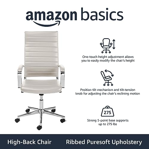 Amazon Basics High-Back Swivel Office Chair with Lumbar Support, Ergonomic Ribbed Faux Leather, Modern Style, 45.25" x 24.75" x 23.25", Stunning White - color: Stunning White