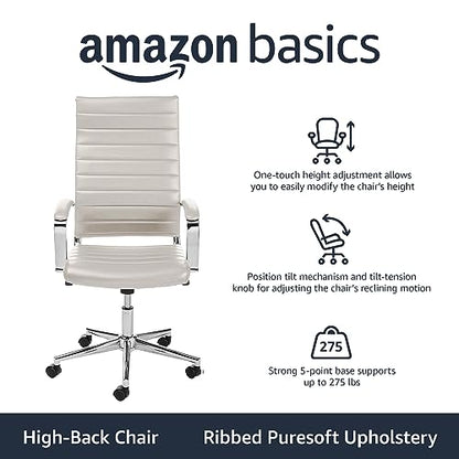 Amazon Basics High-Back Swivel Office Chair with Lumbar Support, Ergonomic Ribbed Faux Leather, Modern Style, 45.25" x 24.75" x 23.25", Stunning White - color: Stunning White