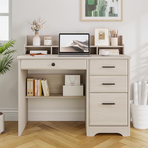 Small Desk with 4 Drawers, Computer Desk with File Drawer and Monitor Stand - color: Milky White