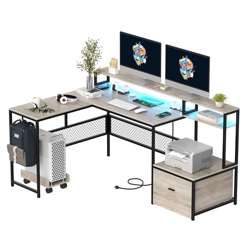 L Shaped Desk with Drawers, 66" Home Office Desk with Power Outlet and Led Strip, Computer Desk with Storage Shelves & Monitor Stand, Large Corner Desk Gaming Desk, Grey - color: Grey, size: L Shaped