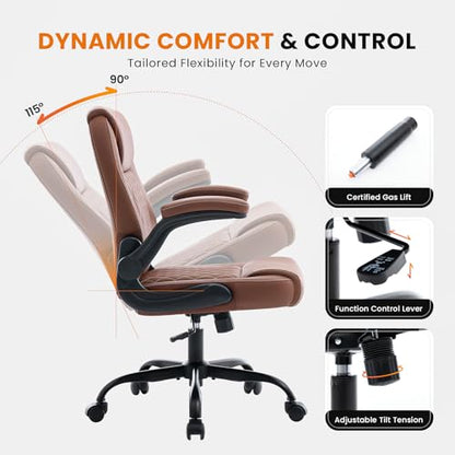 Executive Office Chair with Lumbar Support & Flip-up Arms, Brown | Ergonomic Desk Chair, 90–115° Tilt & Rocking, 20.1" Wide Seat, PU Leather, for Home Offices & Conference Rooms, 300Lbs - color: Brown