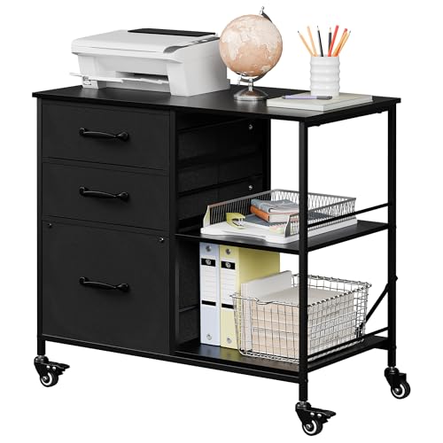 Mobile File Cabinet, Rolling Printer Stand Chest Storage Cabinet with 3 Fabric Lateral Filing Drawer fits A4 &Letter Size and 2 Open Storage Shelf, Organizer Drawers Office Home (Black) - color: Black