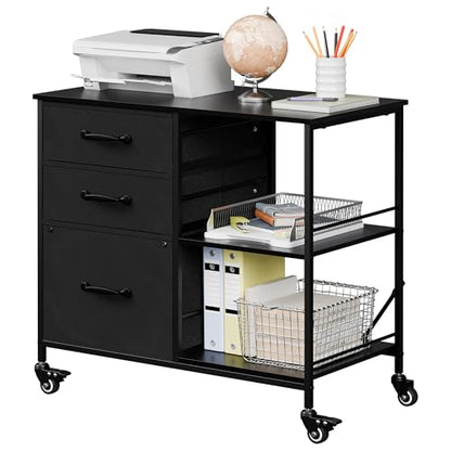 ZENY Lateral File Cabinet with 3 Drawers, Mobile File Cabinet Printer Stand, Rolling Fabric Lateral Filing Cabinet for Office Home Small Space (Black) - color: Black