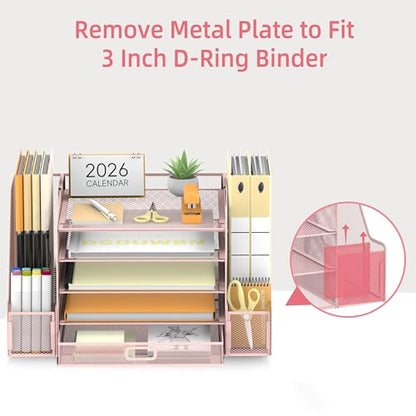 SUPEASY Mesh Desk Organizer with File Holder, 5-Tier Paper Letter Tray Organizer with Magazine Holder, Desktop Organizer and Storage with Drawer for Office Supplies Home or School (Pink) | Two side magazine holders and a bottom drawer store papers, folder
