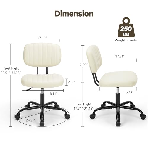 Armless Office Chair, Swivel Rolling PU Leather Vanity Chair with Back Lumbar Support Height Adjustable Computer Chair, Small Desk Chair for Home Office (Beige White) - color: Beige White