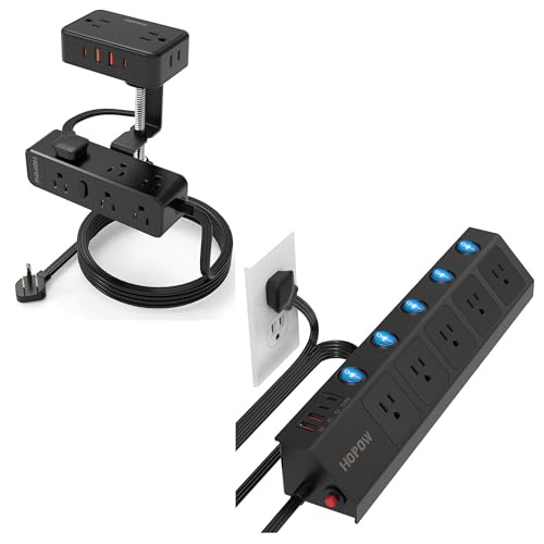 HOPOW 10 Ft Surge Protector Power Strip, Dual Layer Desk Clamp Power Strip & PD 20W USB C Flat Plug Power Strip with Individual Switches, for Home Office, Black