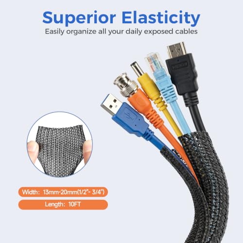 Delamu 10ft - 1/2 inch Cable Sleeve Cord Protector from Pets No Chew, Split-Braided PVC Wire Loom Tubing for Desk Computer USB TV Cord Organizer, Easy Set-up Cable Management Sleeve Kit, Black - color: Black, size: 1/2"-10ft