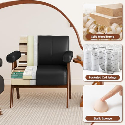 JIASTING Mid Century Modern Accent Chair Set of 2, Black Leather Armchair | JIASTING, Small, Comfy, Wood Arms, Living Room Bedroom, Office - color: Black