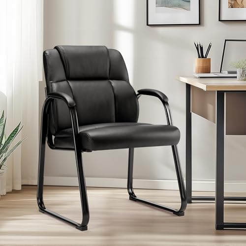 DUMOS PU Leather Office Guest Chair, Waiting Room Chairs with Sled Base and Padded Arm Rest, Reception Chair Without Wheels for Elderly Meeting Conference Office Home, 1 Pack - size: 1 Pack