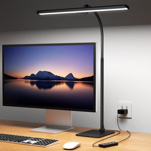 Kary LED Desk Lamp, Flexible Gooseneck Task Light with Base and Timer | 12W Tall Architect Lamp for Home Office Working, Reading, Crafting, Study, 5-Level Dimmable Brightness and Color - color: Black