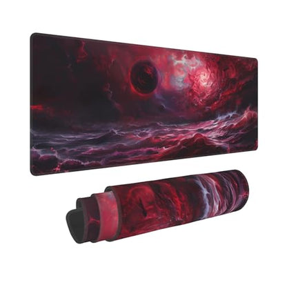 Large Red Cool Gaming Mouse Pad,Wave Abstract Art Desk Mat,31.5x12in | XL Extended Dark Style Blood Moon Scarlet Sea E-sports Keyboard Mat with Stitched Edges for Men,80 x 30 cm - color: Red Abstract Art