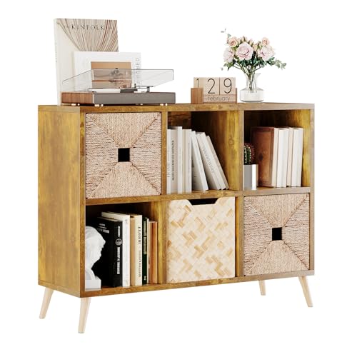 6 Cube Storage Organizer, Wood Bookcase with Legs, Modern Freestanding Cubby Shelving Unit, Book Shelf Toy Storage Cabinet for Bedroom, Living Room, Kids Room, Fits 11 Inch Bins, Rustic Brown - color: Rustic Brown, size: 6-Cube