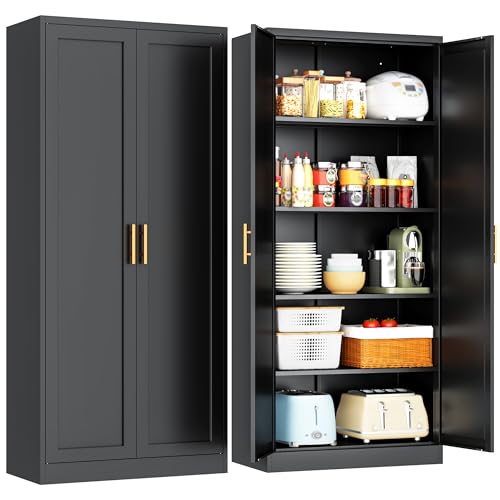 BESFUR Kitchen Pantry Cabinet,71” Metal Tall Pantry Storage Cabinet with Doors and 4 Adjustable Shelves,Kitchen Storage Cabinets Black Freestanding Food Cabinet for Pantries, Kitchen - color: Black, size: 71"H x 28"W x 14"D