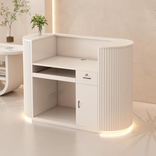 Modern Reception Desk with Counter - Curved Front Checkout Page with Led Lighting, Lockable Drawers, Hidden Cable Management and Wood Construction, Salon Reception Desk for Beauty Salons - color: Milky White