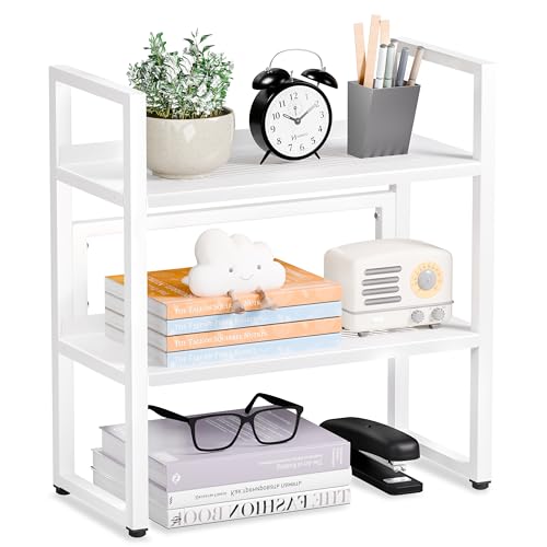 Brakki Desk Shelf Organizer, 2-Tier Desktop Bookshelf, Small Office Shelf | Adjustable Shelf, Metal Desktop Rack for Dorm, with Foot Mat, Multi-Functional Organization, White - color: White