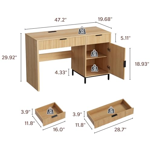 47" Executive Desk with Fluted Drawers, Wooden Home Office Desk with Storage Cabinet, Charging Station, Metal Legs Modern Farmhouse Computer Desk for Work, Study Natural Oak - color: Natural Oak